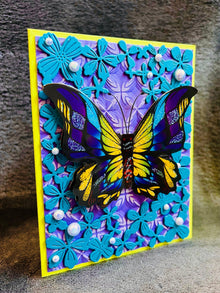 Dimensional Butterfly Blank Card: Teal Floral Frame, Pearls