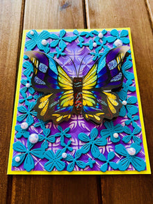 Dimensional Butterfly Blank Card: Teal Floral Frame, Pearls