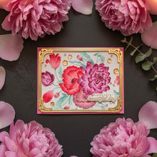 Pink Mauve Florals card flat on dark charcoal with pink peonies and candlelight