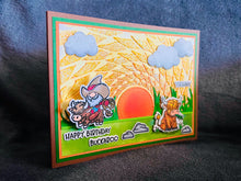 Cowboy Gnome and Cow Green Field with Large Sunset Happy Birthday Buckaroo Card