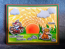 Cowboy Gnome and Cow Green Field with Large Sunset Happy Birthday Buckaroo Card
