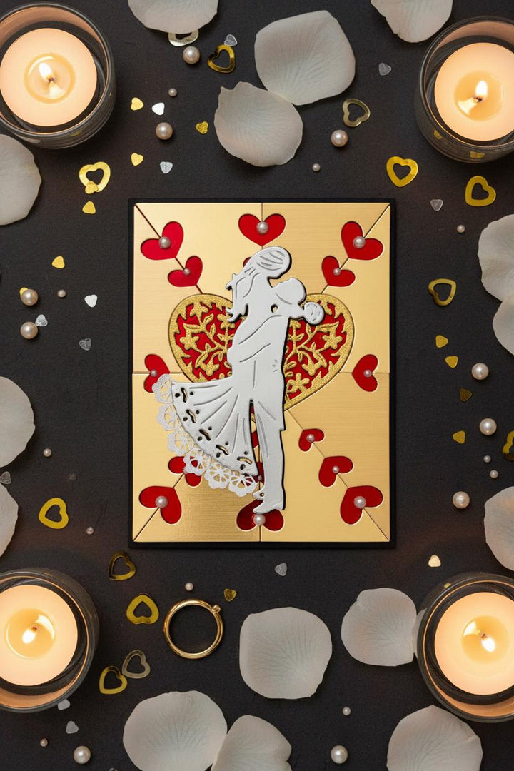 Gold Heart Wedding Card: Silver Bride and Groom Silhouette