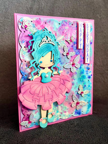 Blue Haired Princess and Butterflies Happy Birthday Card
