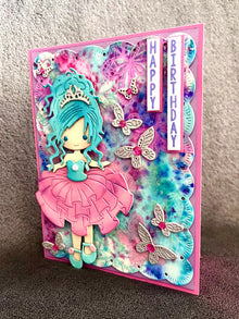 Blue Haired Princess and Butterflies Happy Birthday Card