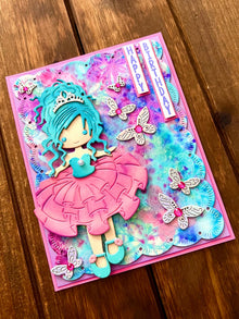 Blue Haired Princess and Butterflies Happy Birthday Card