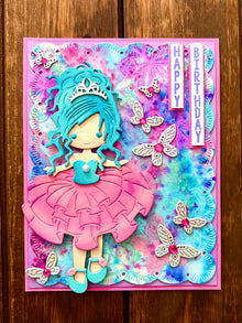Blue Haired Princess and Butterflies Happy Birthday Card