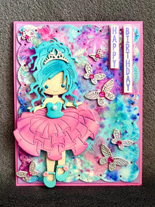 Blue Haired Princess and Butterflies Happy Birthday Card