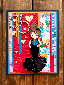 Black Evening Gown Girl on Floral Background Happy Birthday Card