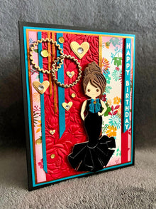 Black Evening Gown Girl on Floral Background Happy Birthday Card