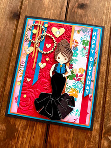 Black Evening Gown Girl on Floral Background Happy Birthday Card