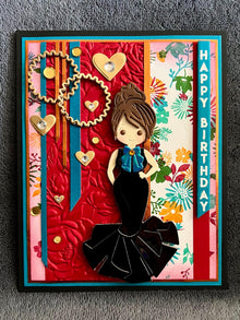 Black Evening Gown Girl on Floral Background Happy Birthday Card