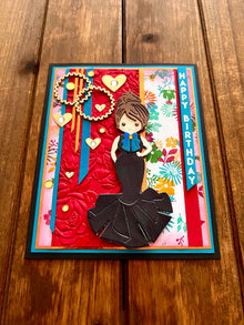 Black Evening Gown Girl on Floral Background Happy Birthday Card
