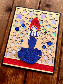 Blue Glitter Evening Gown Girl on Gold Star Cutout Background Blank Card