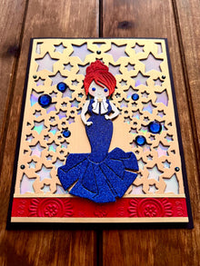 Blue Glitter Evening Gown Girl on Gold Star Cutout Background Blank Card