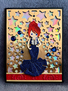 Blue Glitter Evening Gown Girl on Gold Star Cutout Background Blank Card
