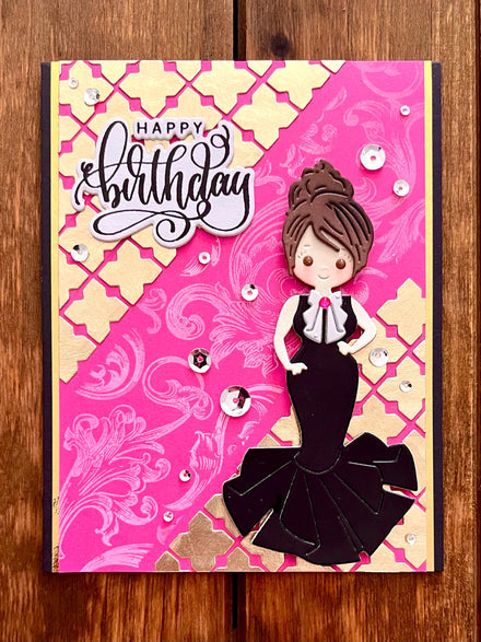 Black Evening Gown Girl on Pink Background with Gold Diecut Cross Shaped Patterns Happy Birthday Card