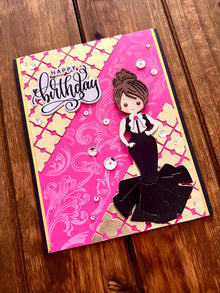 Black Evening Gown Girl on Pink Background with Gold Diecut Cross Shaped Patterns Happy Birthday Card