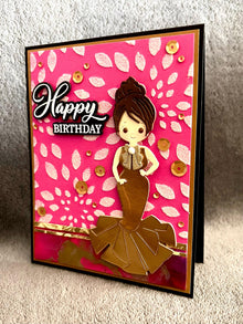 Gold Evening Gown Girl on Pink Background with White Glitter Pointed Oval Patterns Happy Birthday Card