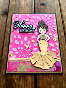 Gold Evening Gown Girl on Pink Background with White Glitter Pointed Oval Patterns Happy Birthday Card