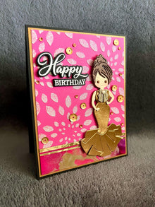 Gold Evening Gown Girl on Pink Background with White Glitter Pointed Oval Patterns Happy Birthday Card