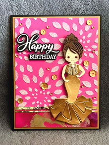 Gold Evening Gown Girl on Pink Background with White Glitter Pointed Oval Patterns Happy Birthday Card