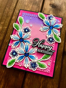 Hand Stitched Blue Flowers Happy Birthday Card