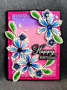 Hand Stitched Blue Flowers Happy Birthday Card