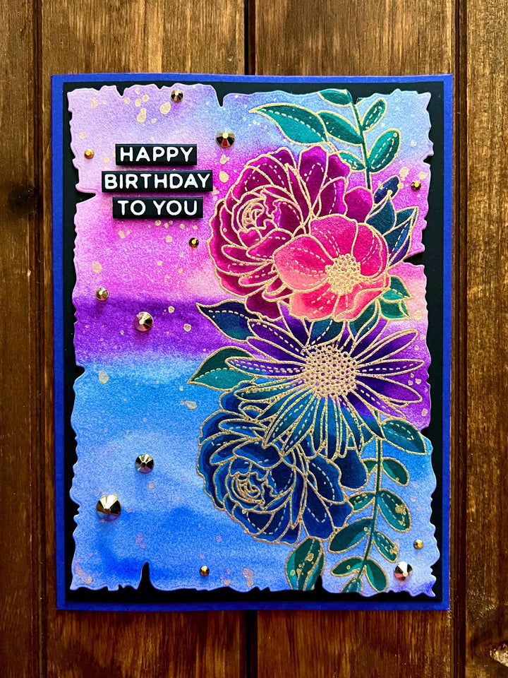 Watercolored Stylized Stitched Floral Cluster Happy Birthday To You Card