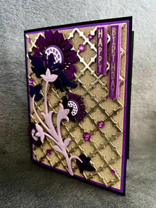 Purple Stylized Flower Stem Gold Trellis Background Happy Birthday Card