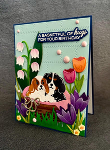 Cute Puppies and Florals Basketful of Hugs Happy Birthday Card
