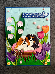 Cute Puppies and Florals Basketful of Hugs Happy Birthday Card