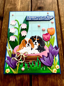 Cute Puppies and Florals Basketful of Hugs Happy Birthday Card