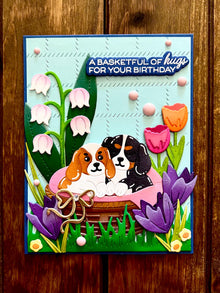 Cute Puppies and Florals Basketful of Hugs Happy Birthday Card