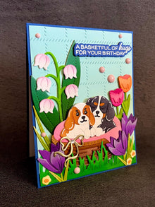 Cute Puppies and Florals Basketful of Hugs Happy Birthday Card