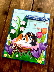 Cute Puppies and Florals Basketful of Hugs Happy Birthday Card
