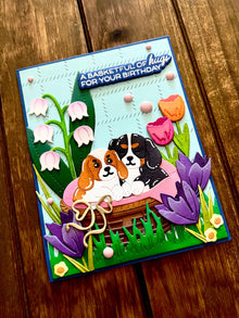 Cute Puppies and Florals Basketful of Hugs Happy Birthday Card