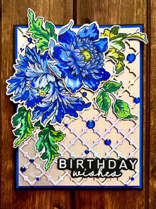 Elegant Blue Florals on Silver Trellis Birthday Wishes Card