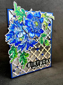 Elegant Blue Florals on Silver Trellis Birthday Wishes Card
