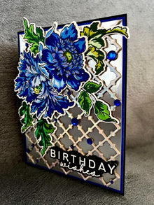 Elegant Blue Florals on Silver Trellis Birthday Wishes Card