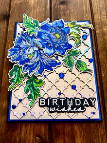 Elegant Blue Florals on Silver Trellis Birthday Wishes Card