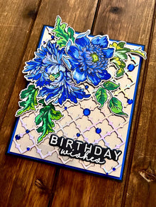 Elegant Blue Florals on Silver Trellis Birthday Wishes Card
