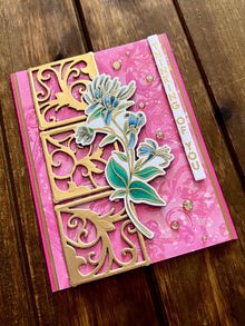 Blue Floral Vine with Gold Filigree Outline Squares Thinking of You Card