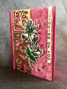Blue Floral Vine with Gold Filigree Outline Squares Thinking of You Card