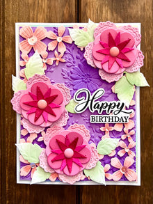 Fancy Stylized Pink Floral Trio Happy Birthday Card