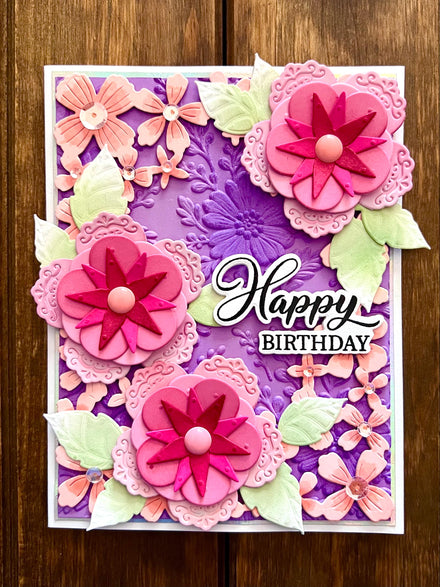 Fancy Stylized Pink Floral Trio Happy Birthday Card