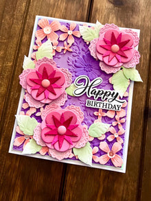 Fancy Stylized Pink Floral Trio Happy Birthday Card