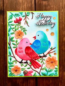 Red and Blue Bird Duo and Flower Branches Happy Birthday Card