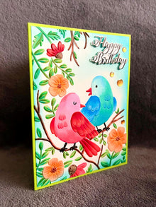 Red and Blue Bird Duo and Flower Branches Happy Birthday Card