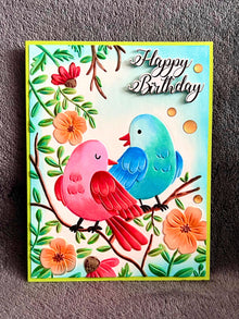 Red and Blue Bird Duo and Flower Branches Happy Birthday Card