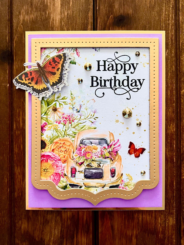 Yellow Beetle Car with Florals and Butterfly Ephemera Happy Birthday Card